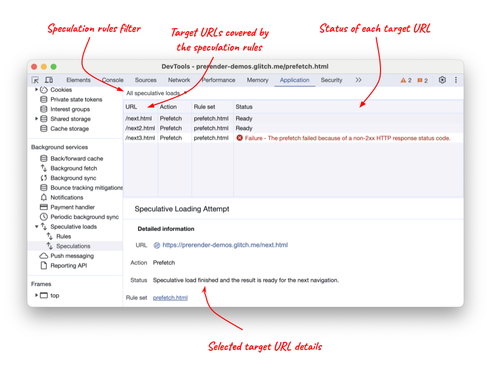 A guia "Speculations" do Chrome DevTools mostrando URLs pré-buscados e o status deles