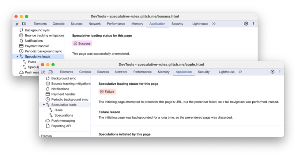 Chrome DevTools স্পেকুলেটিভ লোড ট্যাব একটি সফল এবং ব্যর্থ প্রি-রেন্ডার করা পৃষ্ঠা উভয়ই দেখায়
