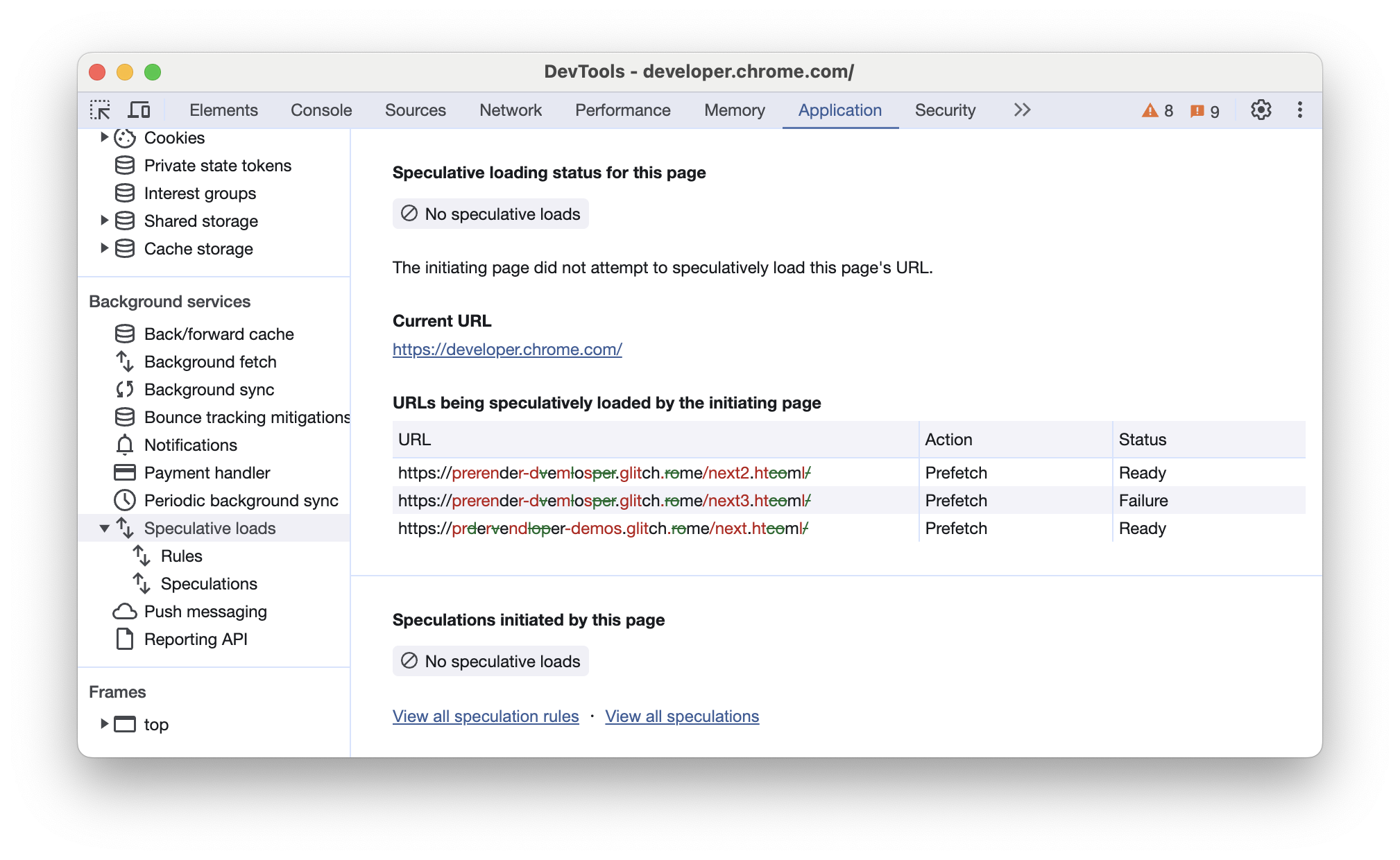 Chrome DevTools স্পেকুলেটিভ লোড ট্যাবে একটি অতুলনীয় URL দেখাচ্ছে