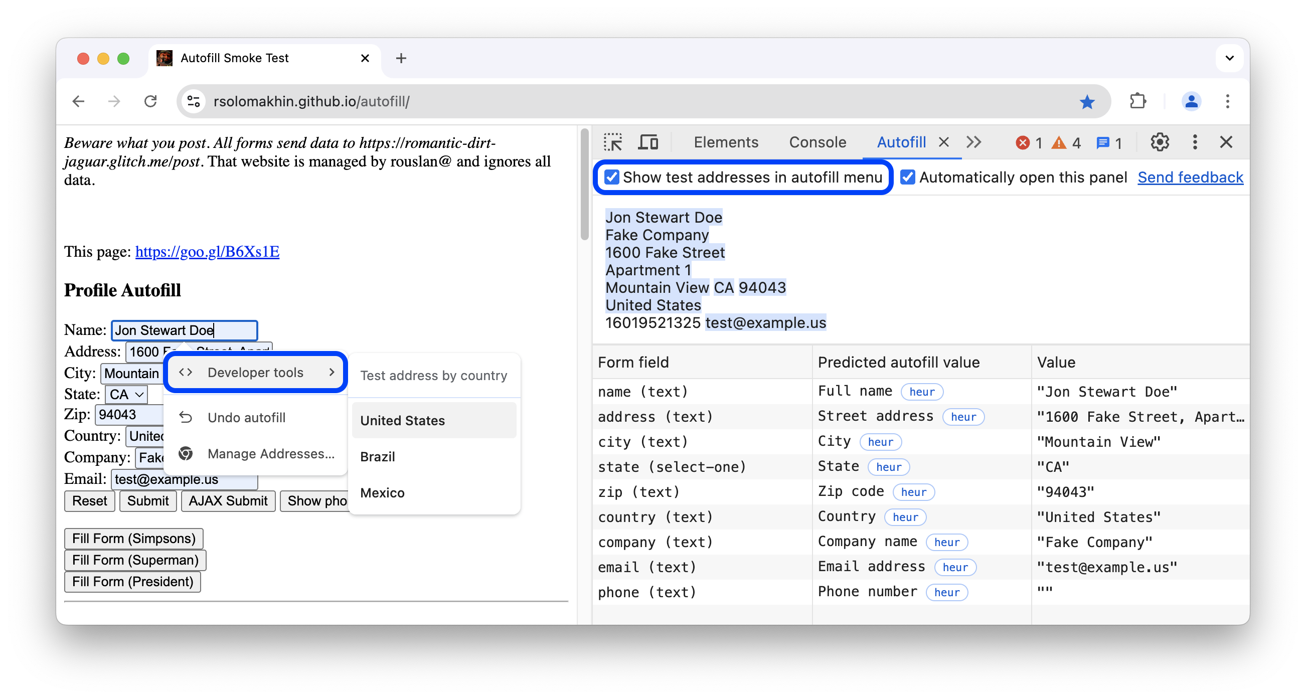 Il menu "Strumenti per sviluppatori" con le opzioni per i dati dell'indirizzo di test.