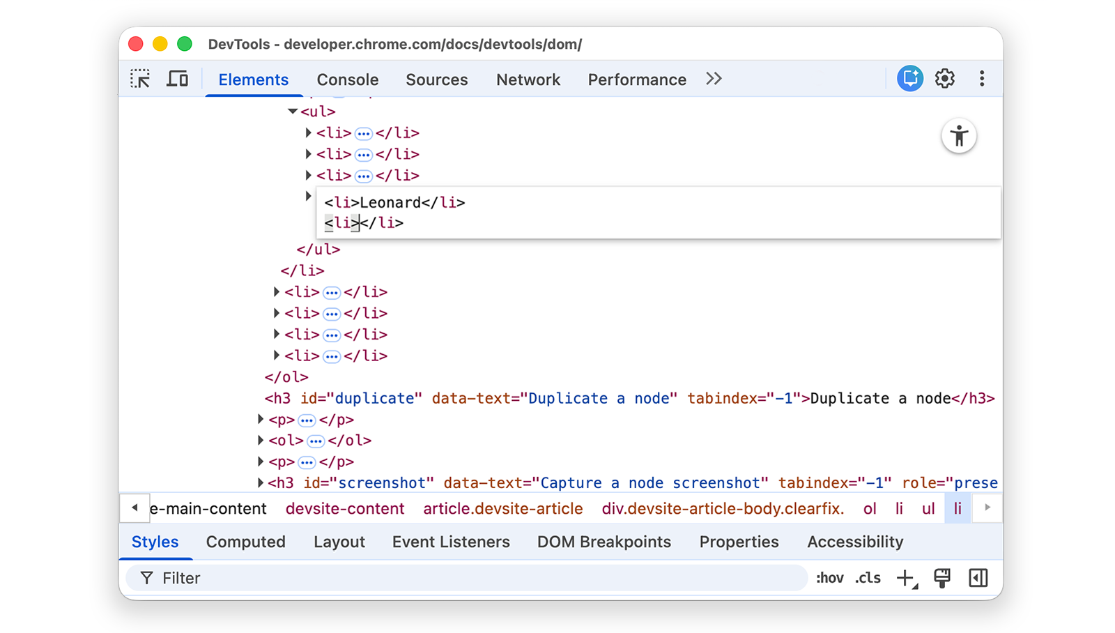 DevTools はタグを自動的に閉じます。