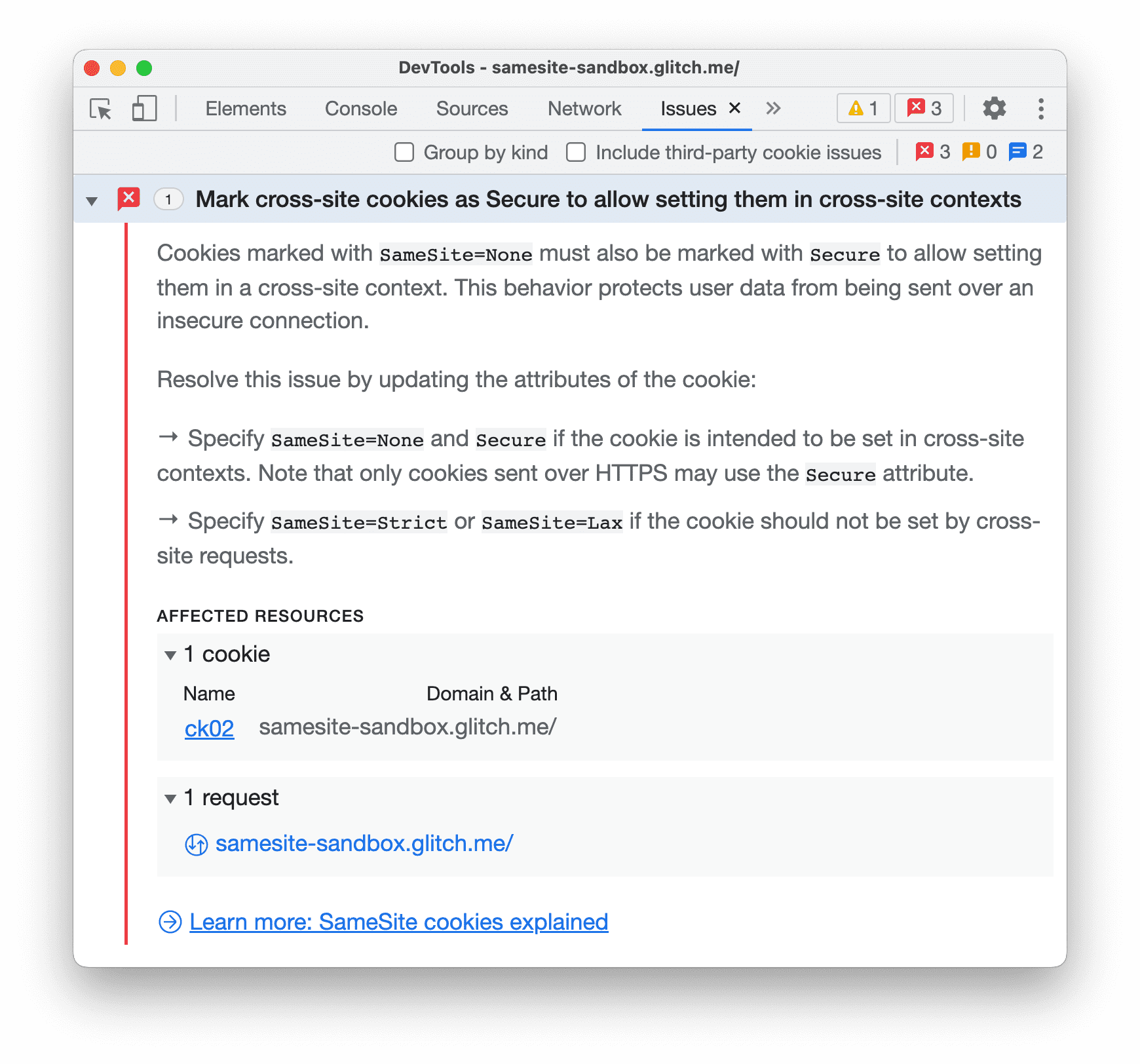 Il riquadro Problemi con un problema relativo ai cookie cross-site espanso.