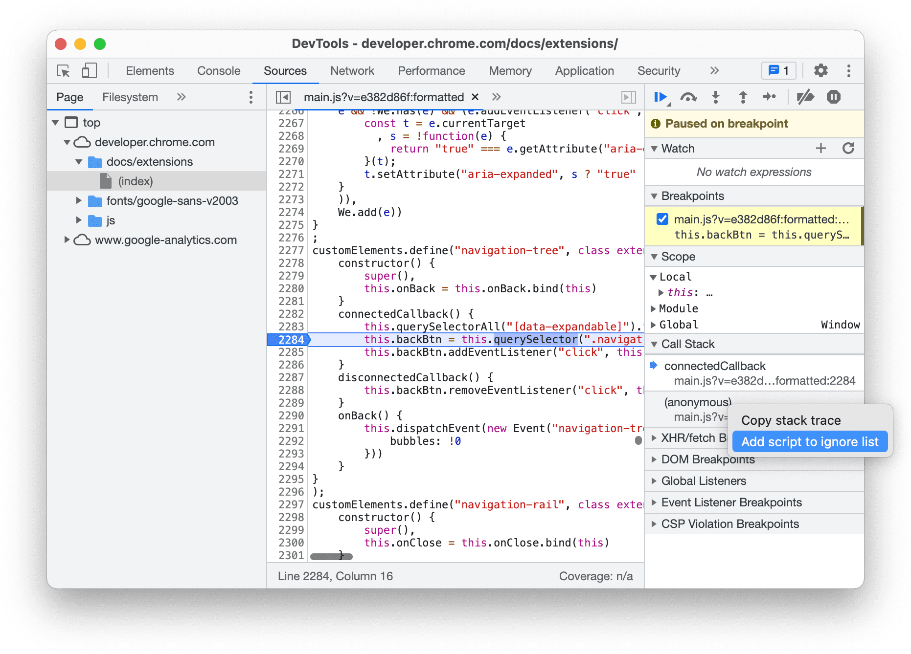 Ignorer un script depuis le volet "Call Stack" (Pile d'appels)