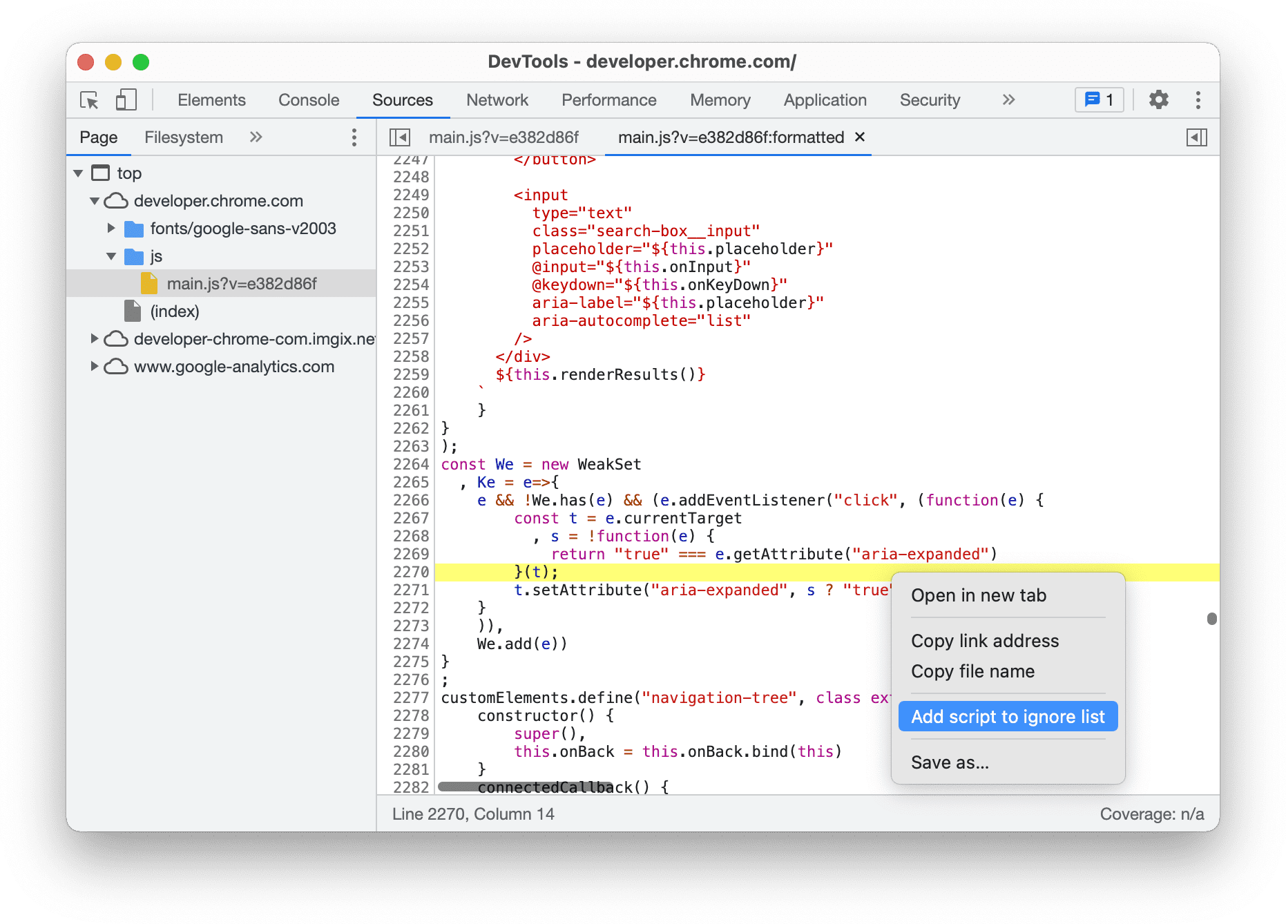 Ignorer un script depuis le volet "Éditeur"