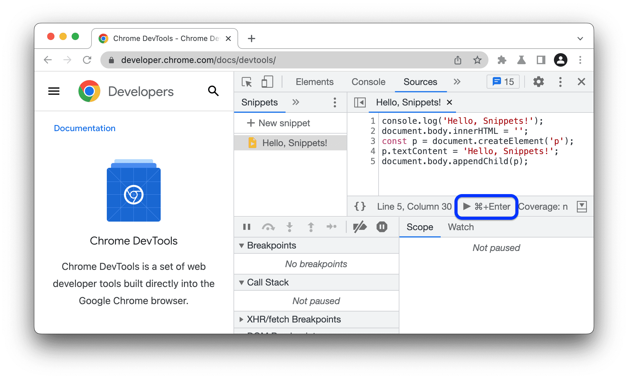 Домашняя страница документации DevTools перед запуском фрагмента. Кнопка Run выделена.