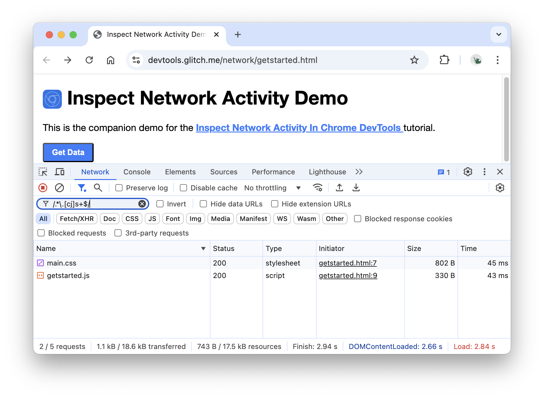 ネットワーク ログの正規表現フィルタの結果。