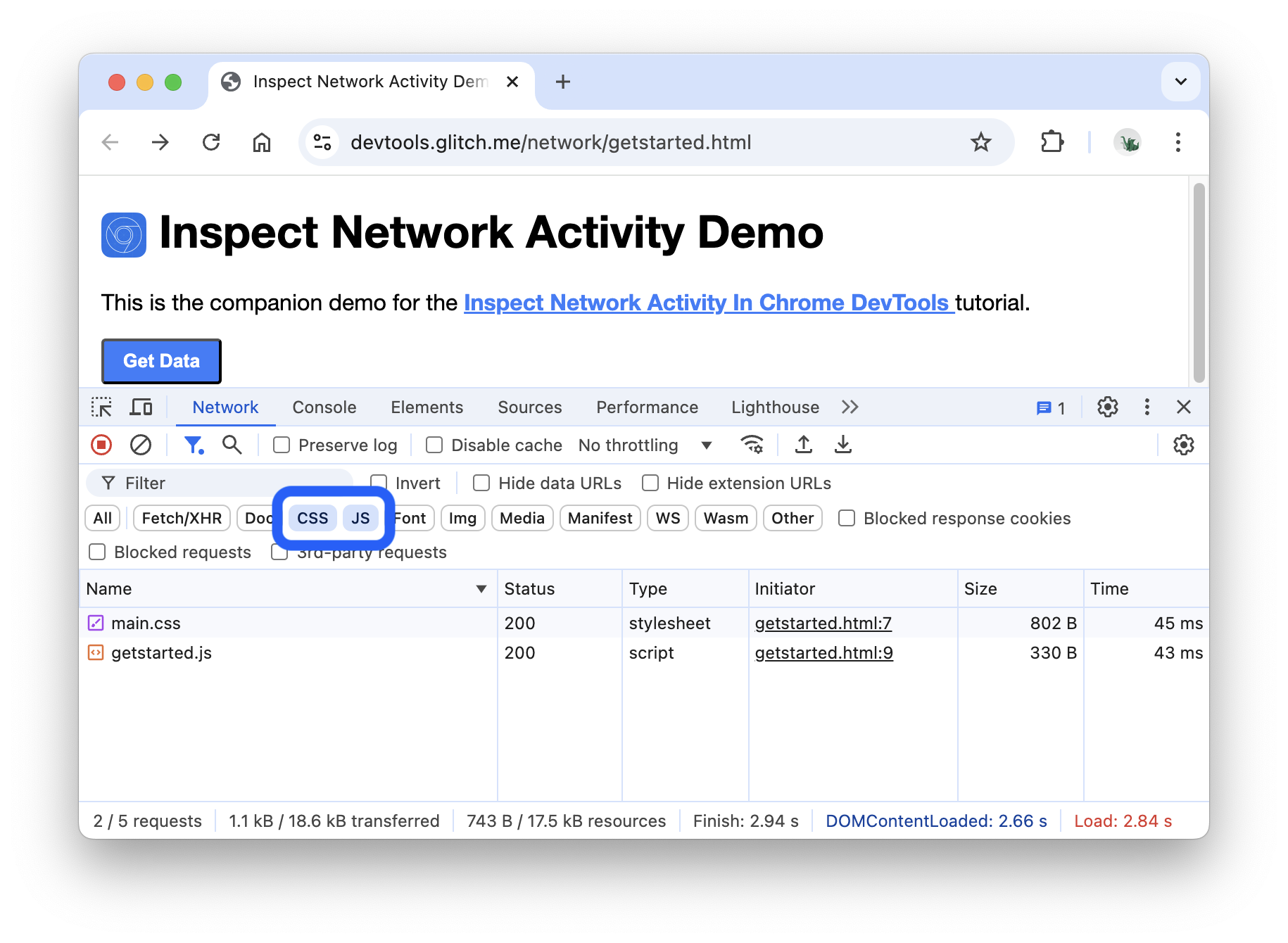 CSS ファイルと JS ファイルのみを表示している [ネットワーク] パネル。