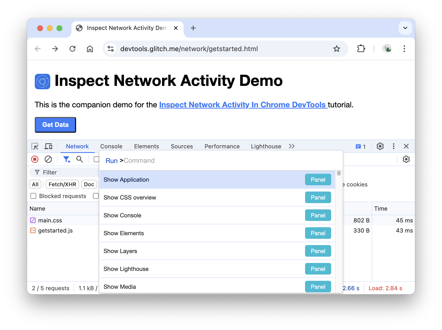 O menu de comandos no painel Network.