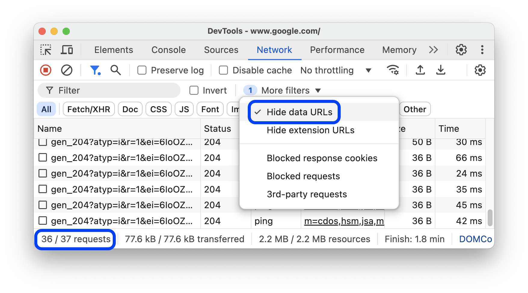 URL de données masquées dans le tableau "Demandes".