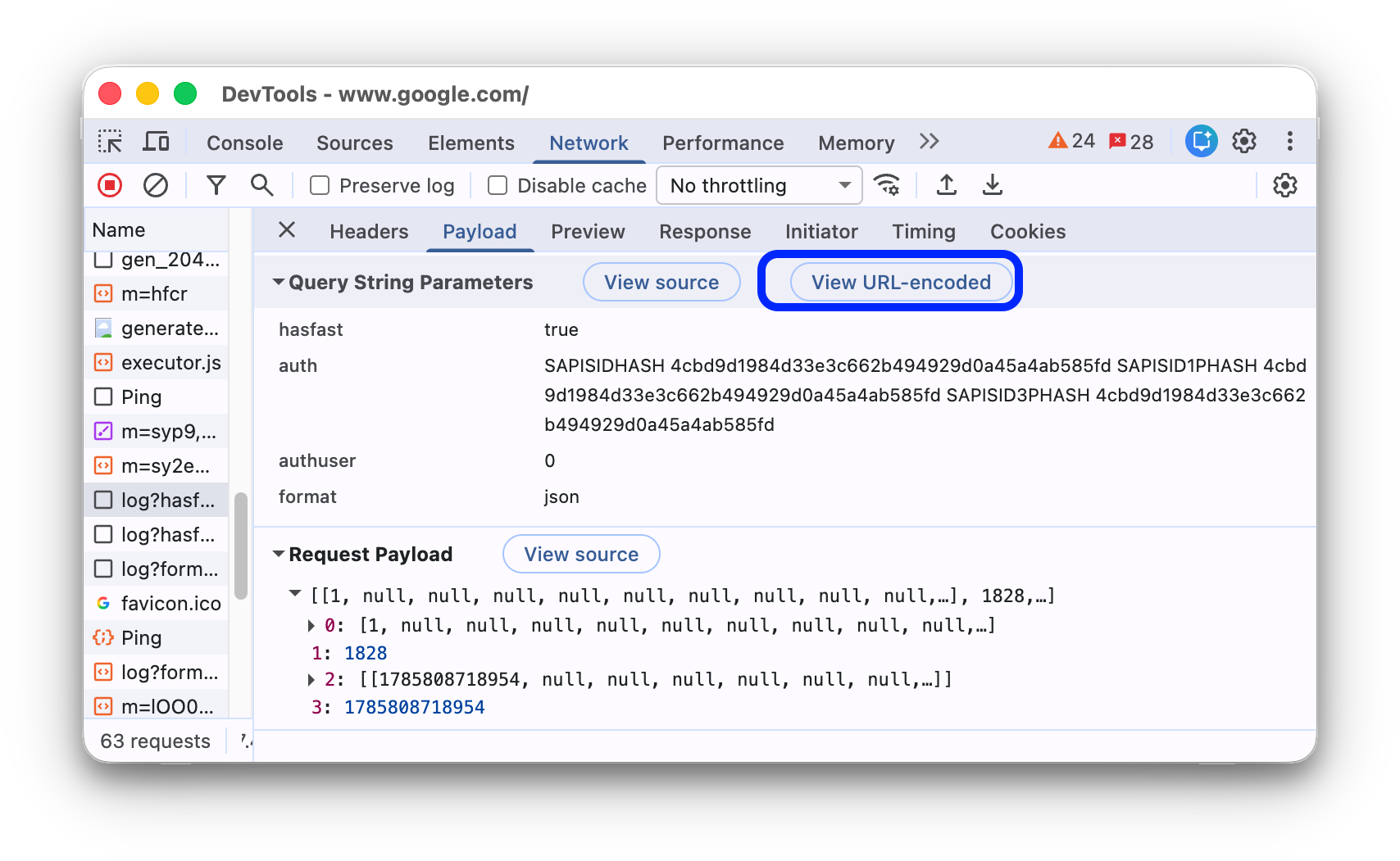 دکمه‌هایی برای فعال/غیرفعال کردن رمزگشایی URL پارامترهای payload.