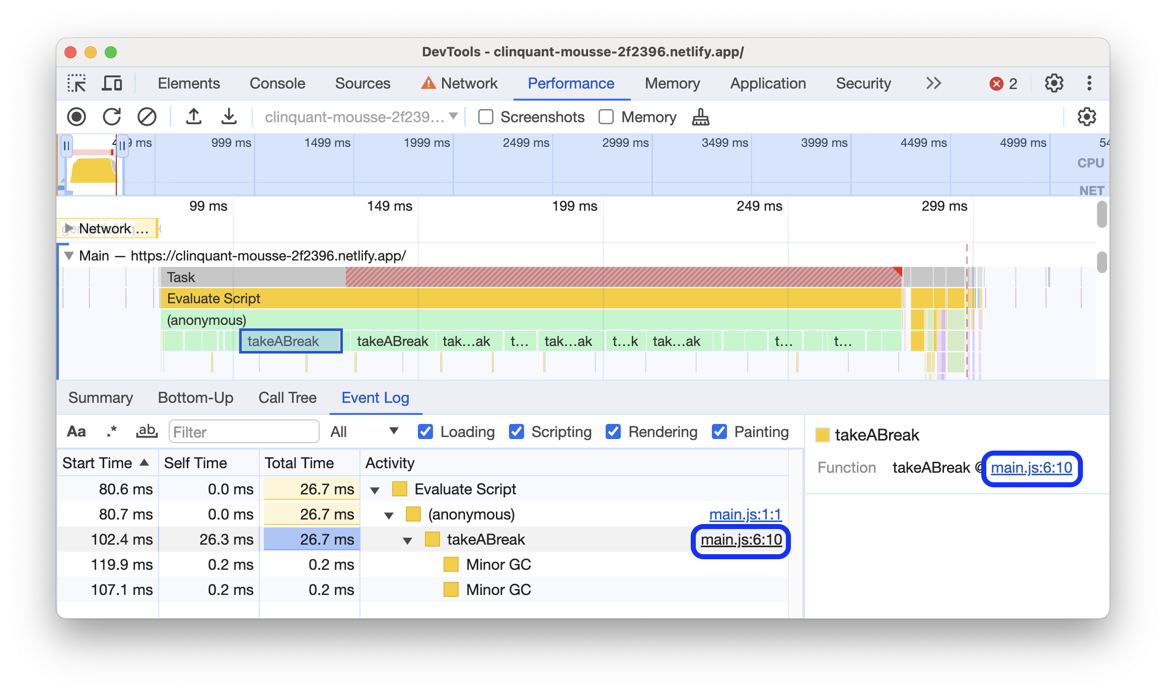 Menautkan ke file sumber di tab Log Peristiwa.
