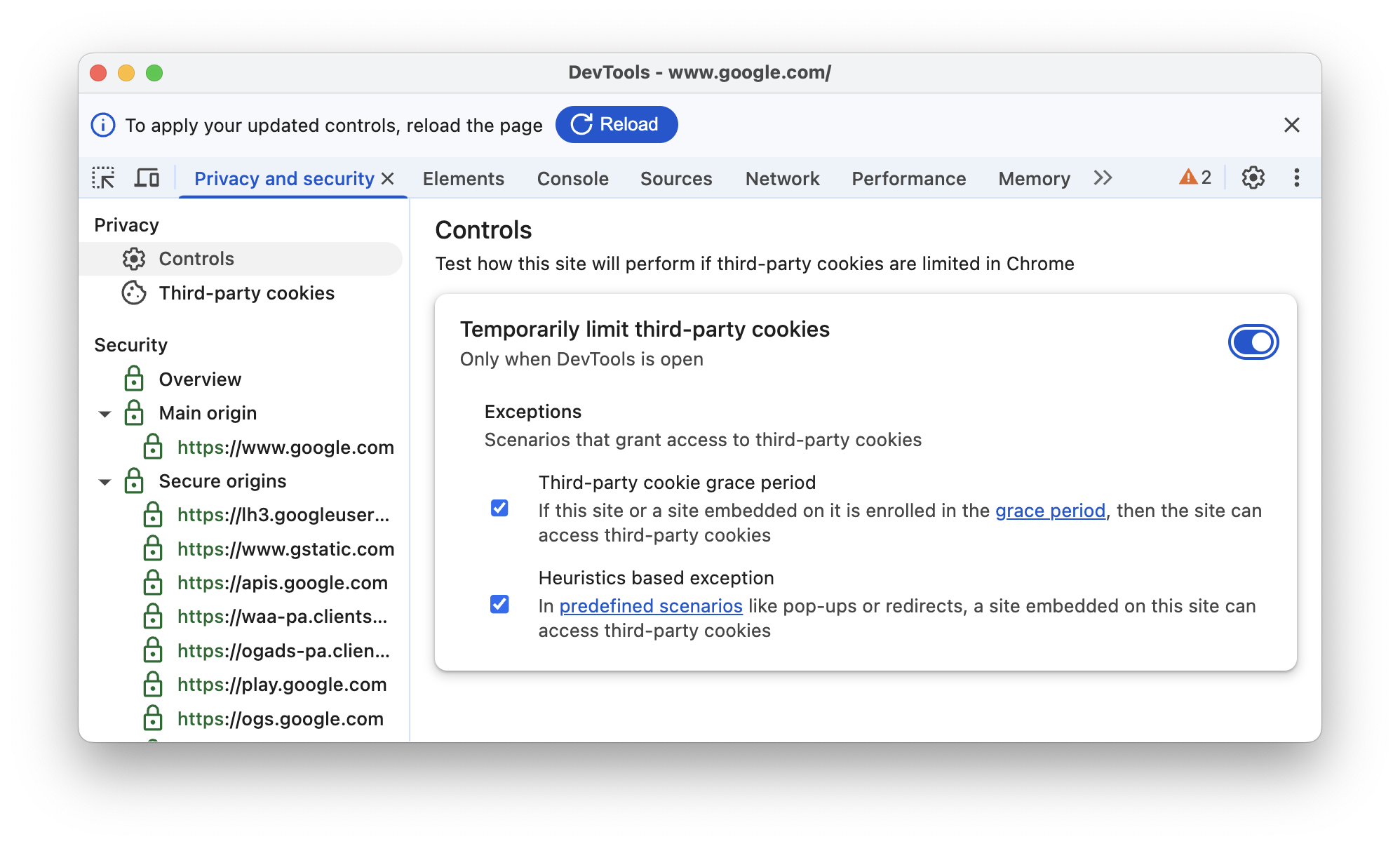 Временное ограничение сторонних файлов cookie с включением обоих исключений.