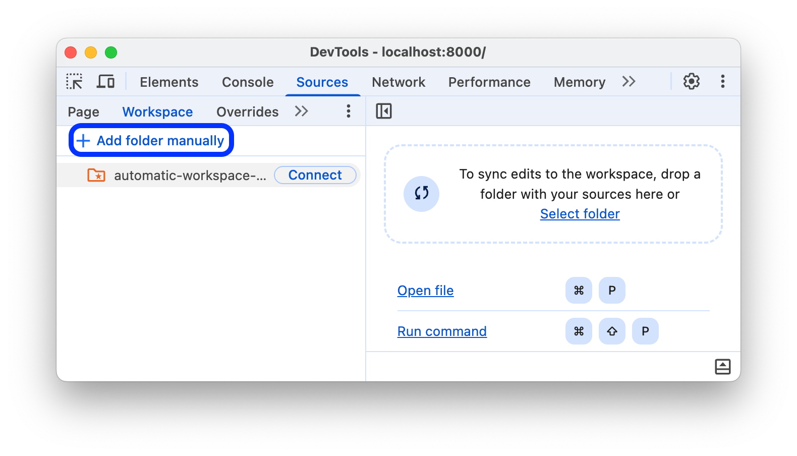 Workspace 탭의 'Add folder manually'(폴더 수동 추가) 버튼