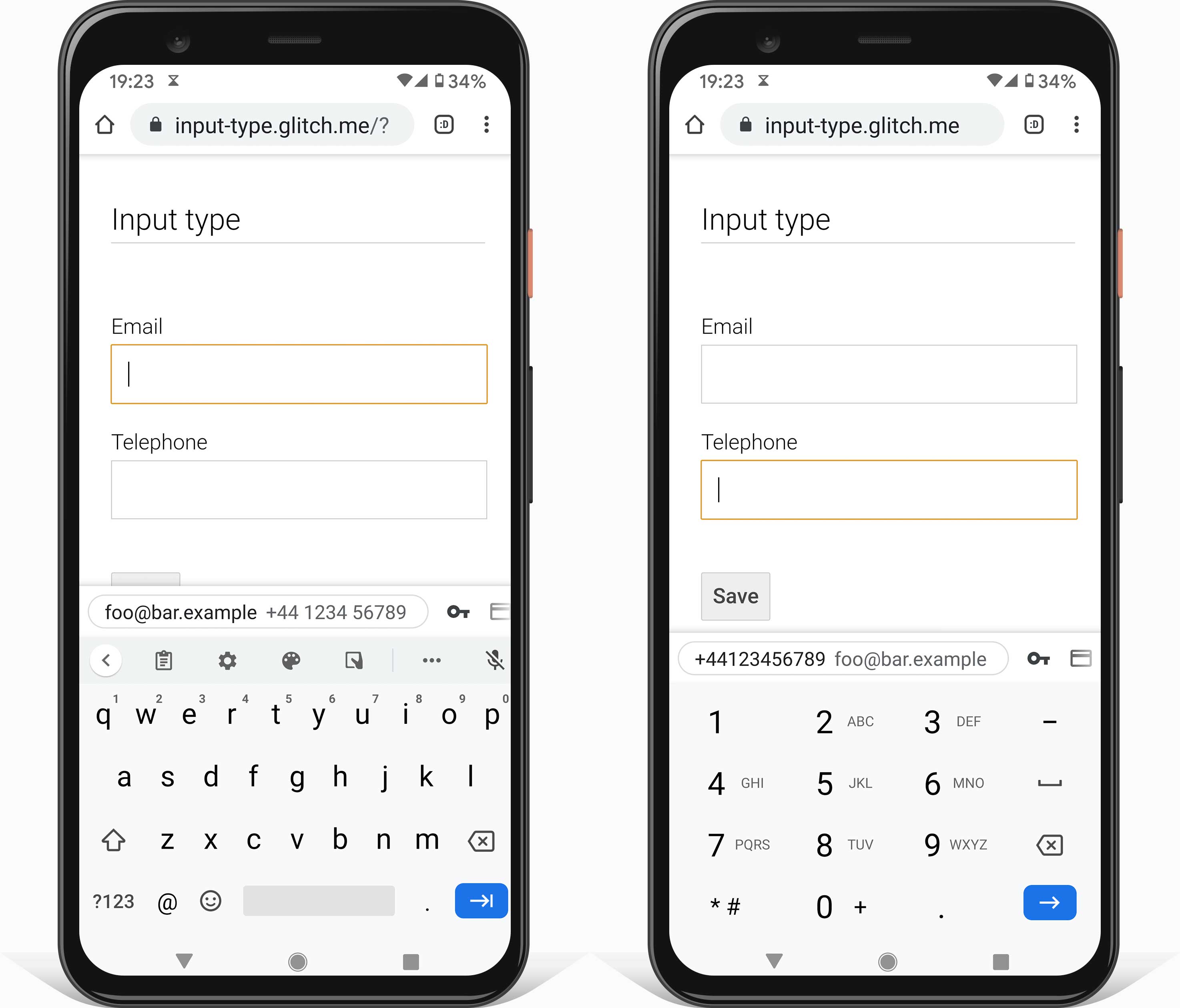 Android 手机的两个屏幕截图,显示了适用于输入电子邮件地址(使用 type=email)和用于输入电话号码(使用 type=tel)的键盘。
