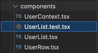 فهرستی از فایلها در یک فهرست، از جمله UserList.tsx و UserList.test.tsx.