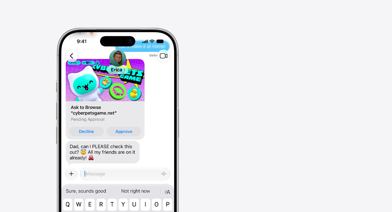 Egy ezüstszínű iPhone 17 Pro felső kétharmada, a kijelzőn egy szöveges üzenet látható a cyberpetsgame.net weboldalról készült képernyőfotóval, a grafika alatt a „Decline” (Elutasítás) és az „Approve” (Jóváhagyás) gombok, illetve a következő üzenet olvasható: „Dad, can I please check this out, all my friends are on it already.” (Apa, megnézhetném ezt, kérlek? Már az összes barátom használja.)