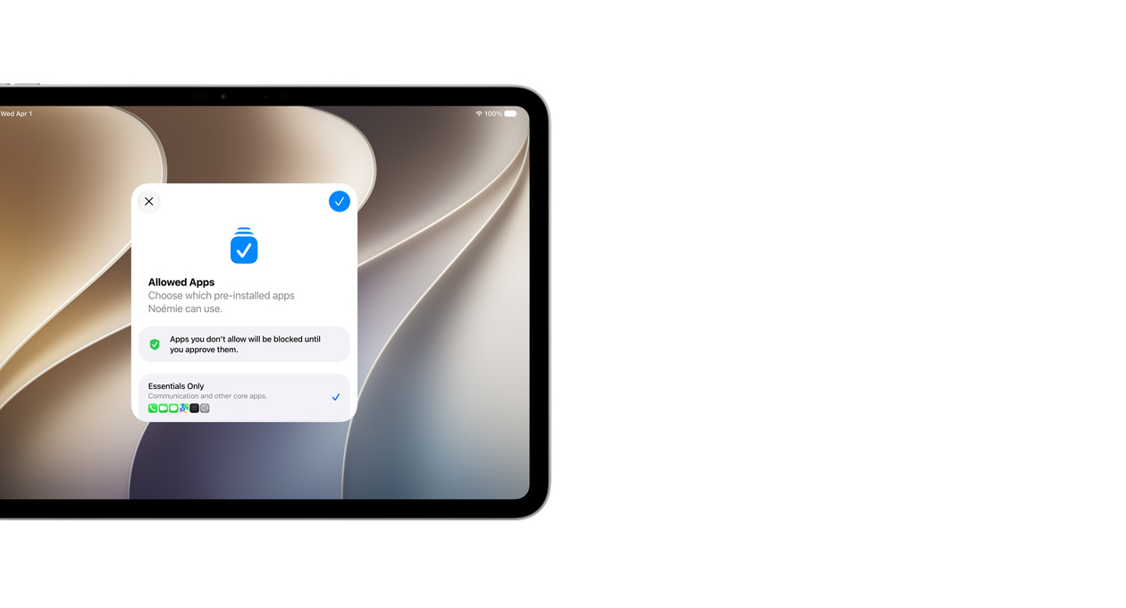 11-inch iPad Pro, Zilver, op het scherm is de Configuratie-assistent te zien met een selectie apps die ouders voor hun kinderen kunnen kiezen