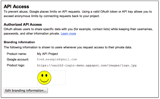 API Access pane of APIs Console