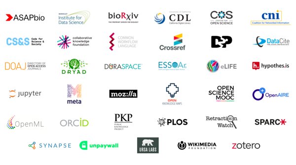 Logos for 35 open science tools organizations that are formal JROST participants.