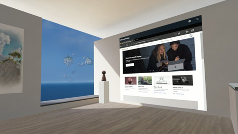 Image of a virtual room with an Edge browser screen projecting on a wall