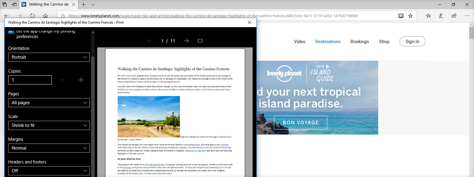 Screen image of a print preview in Edge that is missing the advertisements on a given web page