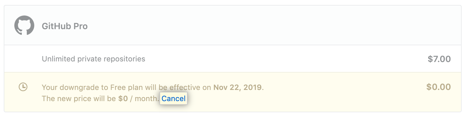 Cancel link next to a pending subscription change