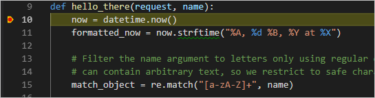 Django tutorial: VS Code paused at a breakpoint