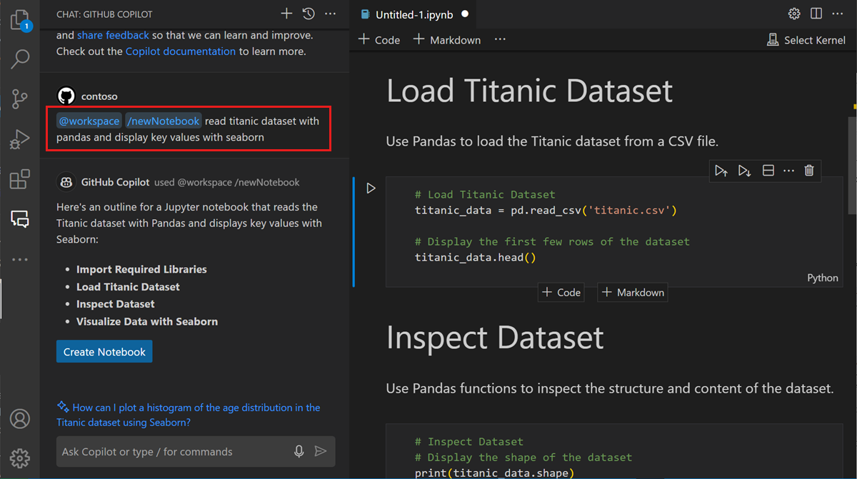 Asking the @workspace agent to scaffold a new notebook that reads titanic data, and visualizes with Seaborn