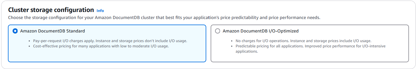 儲存類型選擇會反白顯示 Amazon DocumentDB Standard 選項，並說明兩種儲存類型。